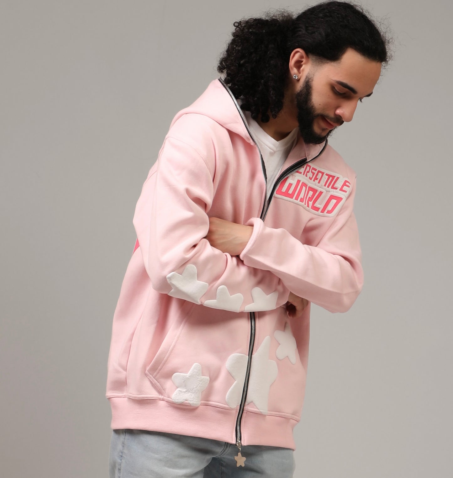 LIGHT PINK STAR FULL ZIP UP HOODIE