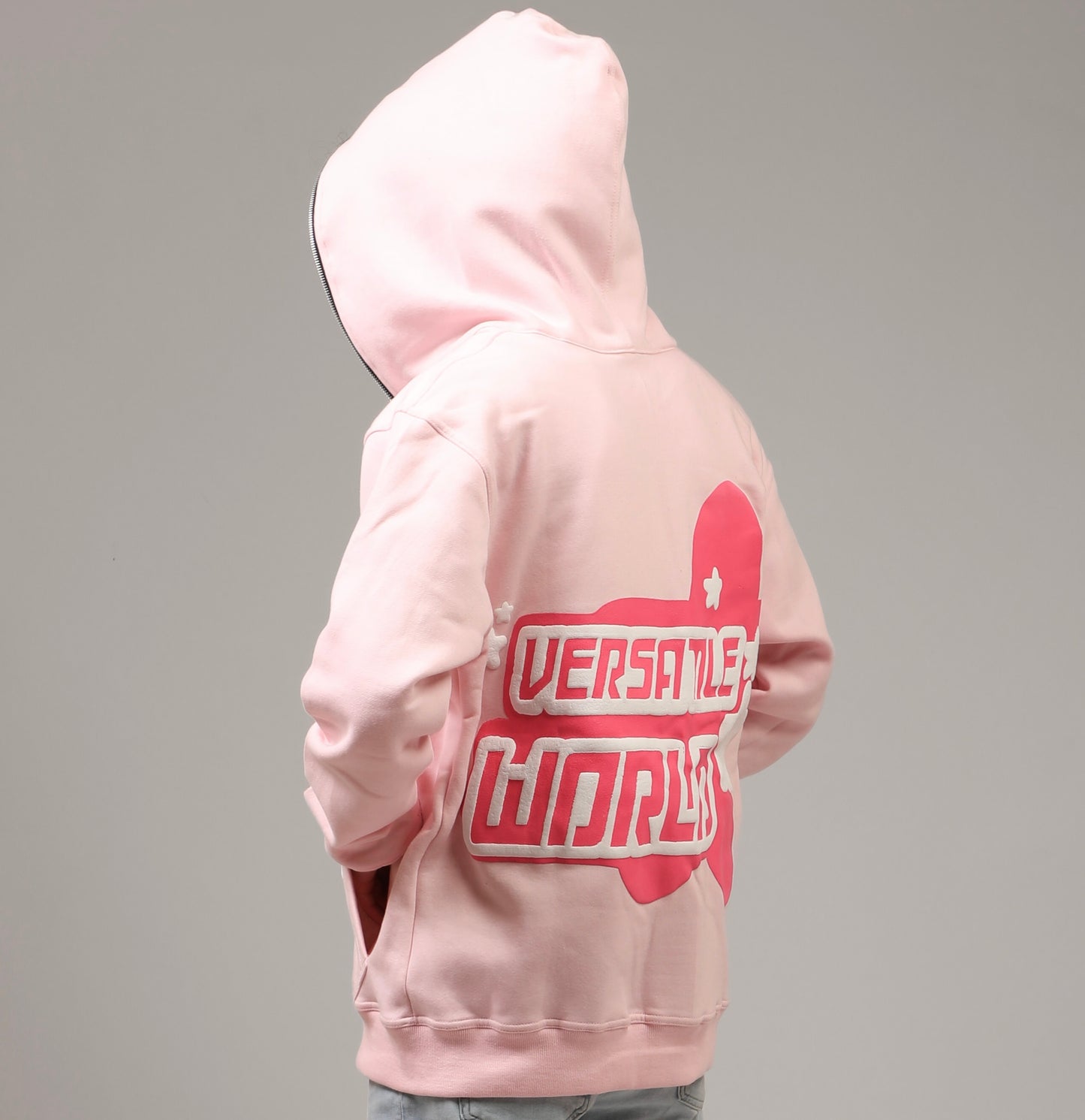 LIGHT PINK STAR FULL ZIP UP HOODIE